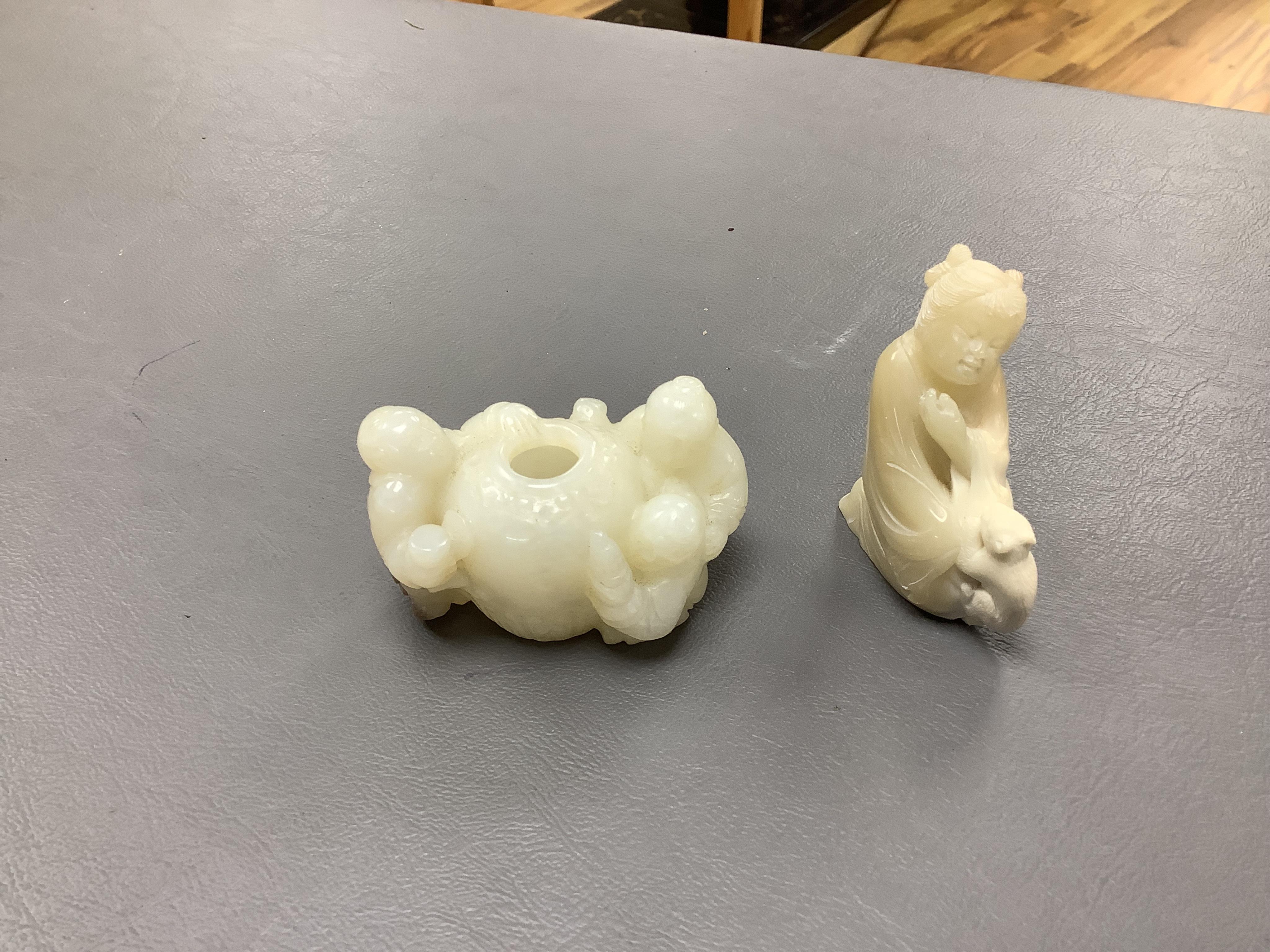 A Chinese white jade 'boys with jar' carving and three shoushan stone figures; luohan, girl with squirrel and mermaid (4), tallest 11cm